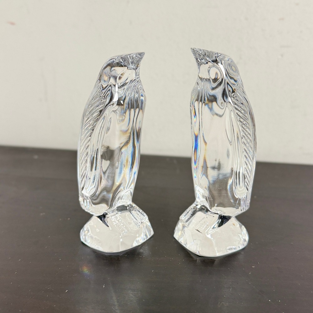 Waterford Crystal Penguin Figurines Pair Etched Lead Glass Bird Statues 4.5"